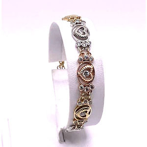 14K Tricolor Solid Gold Women's Heart Bracelet with Zirconias 7"
